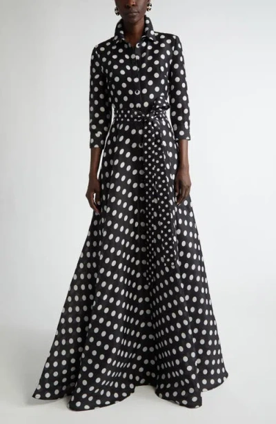 Carolina Herrera Polka Dot Belted Button-up Gown In Black/ivory