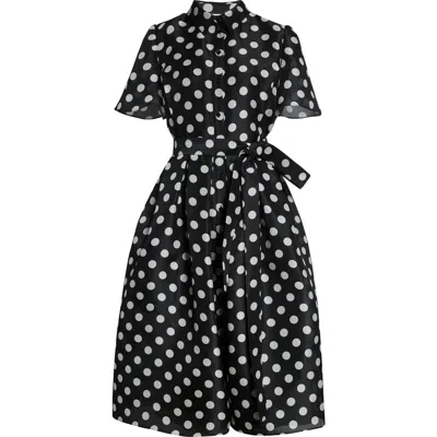 Carolina Herrera Belted Pleated Polka-dot Silk-gazar Midi Shirt Dress In Black/ivory