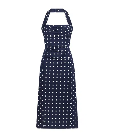 Carolina Herrera Halted-neck Polka-dot Cotton-blend Twill Midi Dress In Blue