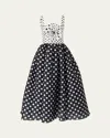 Carolina Herrera Polka-dot Flower Sleeveless Tea-length Dress In Blackivory
