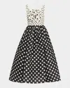 Carolina Herrera Polka-dot Flower Sleeveless Tea-length Dress In Blackivory