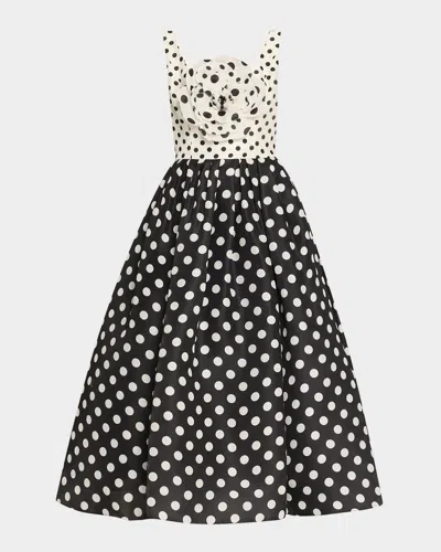 Carolina Herrera Polka-dot Flower Sleeveless Tea-length Dress In Black/ivory