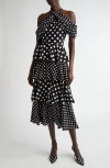 Carolina Herrera Polka Dot Halter Neck Tiered Silk Midi Dress In Black/ivory