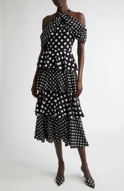 Carolina Herrera Polka Dot Halter Neck Tiered Silk Midi Dress In Black/ivory