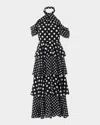 Carolina Herrera Polka Dot Halter Neck Tiered Silk Midi Dress In Black