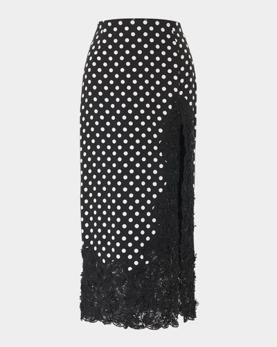 Carolina Herrera Polka-dot Lace Slit Midi Skirt In Black/ivory