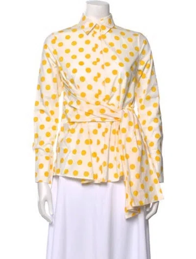 Pre-owned Carolina Herrera Polka Dot Print Long Sleeve Blouse In White/yellow