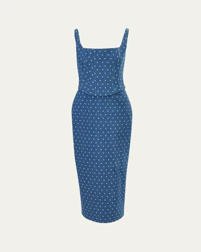 Carolina Herrera Polka-dot Denim Corset Midi Dress In Blue