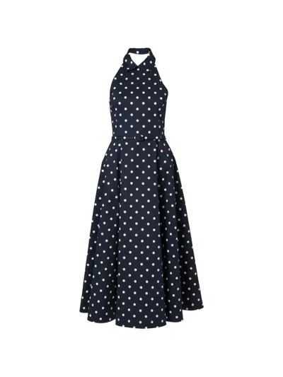 Carolina Herrera Belted Halter-neck Polka-dot Cotton-blend Twill Midi Dress In Blue