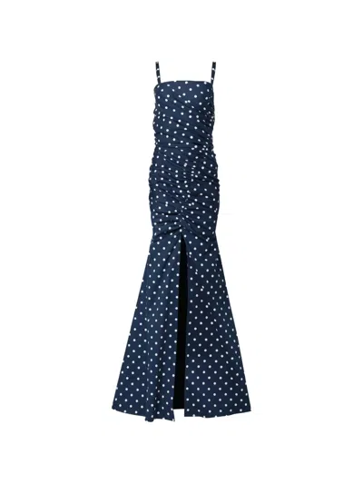 Carolina Herrera Gathered Polka-dot Cotton-blend Twill Gown In Blue