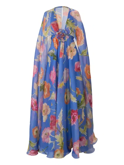 Carolina Herrera Poppy-print Organza Gown With Cape In Blue