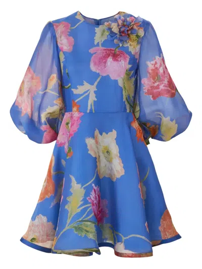 Carolina Herrera Poppy-print Organza Mini Dress In Blue