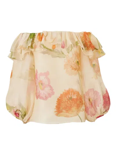 Carolina Herrera Poppy Print Silk Organza Off The Shoulder Top In Neutral