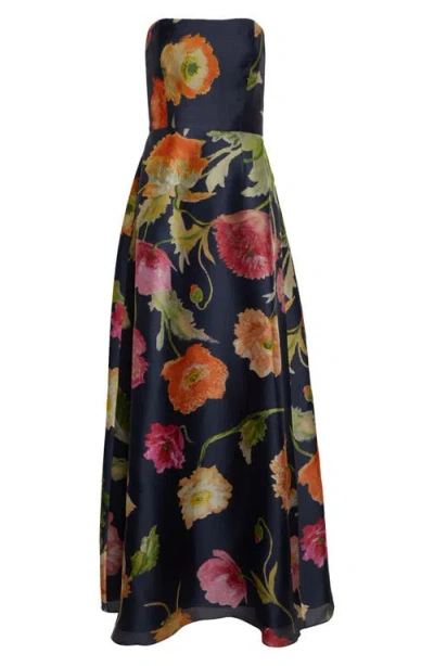 Carolina Herrera Poppy Print Strapless Silk Gown In Blue