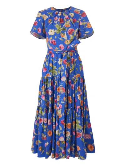 Carolina Herrera Poppy-print Tiered Midi Dress With Sash In Multi