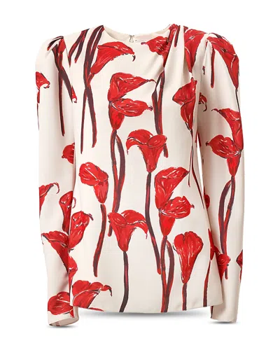 Carolina Herrera Printed Draped Long Sleeve Blouse In Red