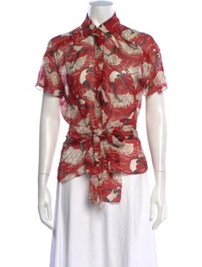 Pre-owned Carolina Herrera Printed Short Sleeve Blouse In Red