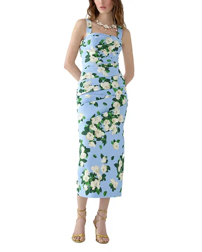 Carolina Herrera Floral-print Draped Cotton-blend Faille Midi Dress In Blue