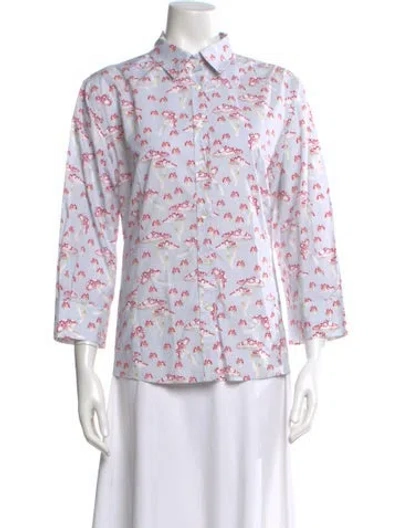 Pre-owned Carolina Herrera Printed Three-quarter Sleeve Button-up Top In Blue