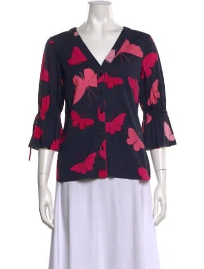 Pre-owned Carolina Herrera Printed V-neck Blouse In Blue