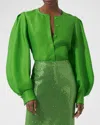 Carolina Herrera Puff Sleeve Button-down Silk Top In Grasshopper