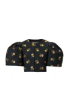 Carolina Herrera Puff-sleeve Carnation Lurex Jacquard Jacket In Black