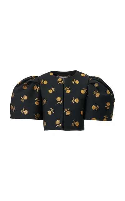 Carolina Herrera Puff-sleeve Carnation Lurex Jacquard Jacket In Black