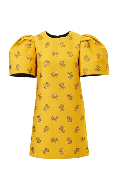 Carolina Herrera Puff-sleeve Carnation Lurex Jacquard Shift Dress In Yellow