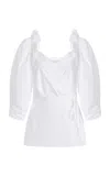 Carolina Herrera Puff-sleeve Cotton Poplin Wrap Top In White