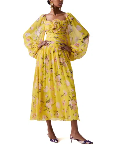 CAROLINA HERRERA CAROLINA HERRERA PUFF SLEEVE FULL GATHERED SILK MIDI DRESS