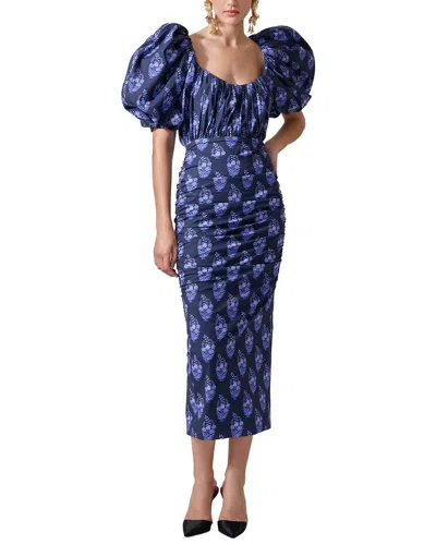 Carolina Herrera Puff Sleeve Gathered Midi Dress In Blue
