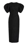 Carolina Herrera Puff-sleeve Lurex Tweed Midi Dress In Black
