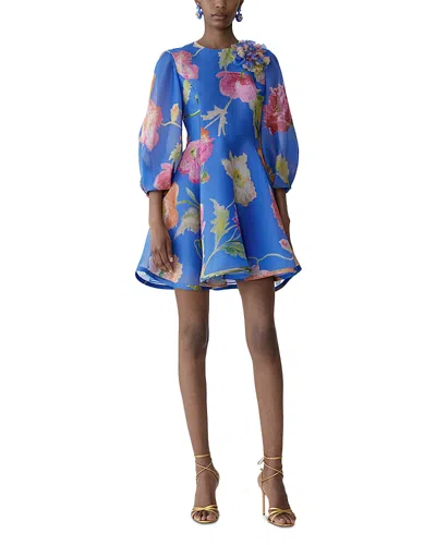 Carolina Herrera Poppy Print Floral Puff Sleeve Silk Organza Minidress In Multi