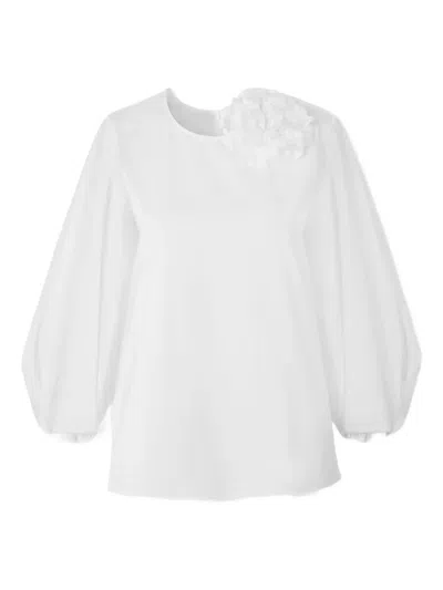 Carolina Herrera Puff Sleeve Crewneck Top With Flower In White