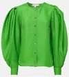 Carolina Herrera Puff Sleeve Button-down Silk Top In Green