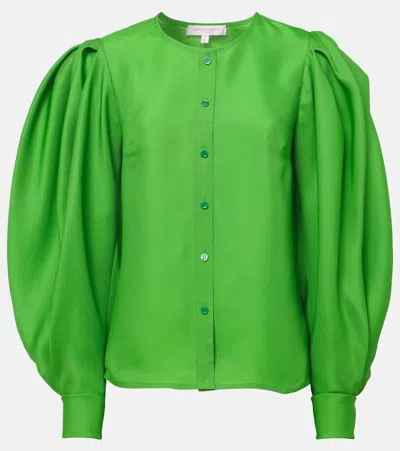 Carolina Herrera Puff Sleeve Button-down Silk Top In Green