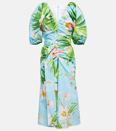 Carolina Herrera Floral-print Ruched Front Midi Dress With Belted Waist In Aquamarine Multi