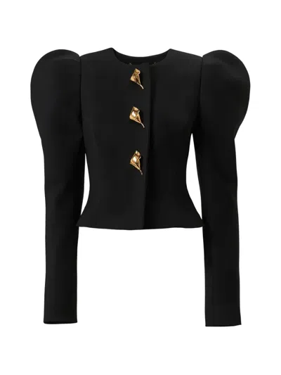 Carolina Herrera Puff-sleeve Calla Lily-button Jacket In Black
