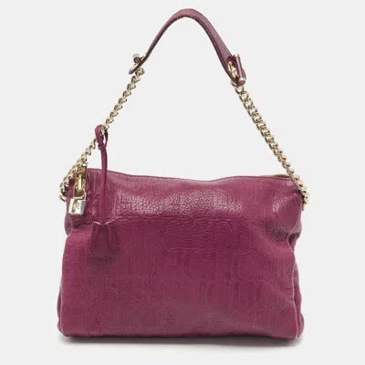Pre-owned Carolina Herrera Purple Monogram Embossed Leather Lock Shoulder Bag