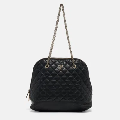 Pre-owned Carolina Herrera Quilted Leather Logo Chain Satchel In Black