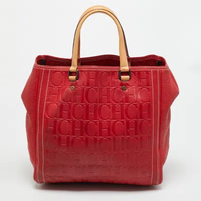 Pre-owned Carolina Herrera Red Monogram Embossed Leather Boston Tote