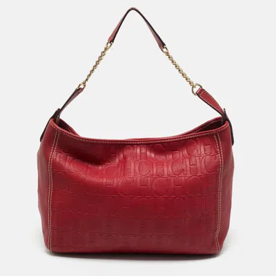 Pre-owned Carolina Herrera Red Monogram Leather Chain Hobo