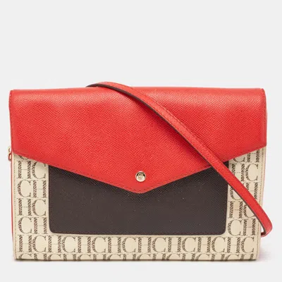 Pre-owned Carolina Herrera Red/brown Signature Coated Canvas And Leather Envelope Flap Bag