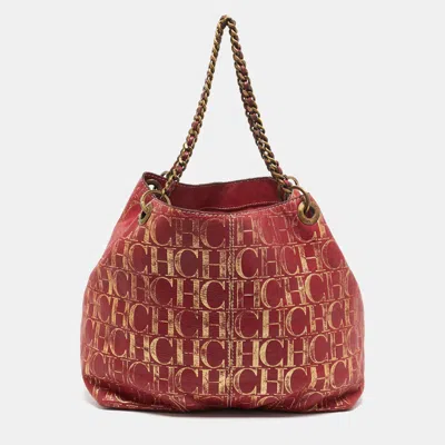 Pre-owned Carolina Herrera Red/gold Monogram Leather Chain Tote
