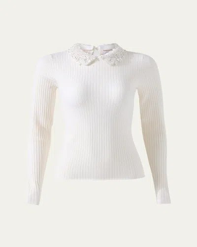 Carolina Herrera Removable Lace Collar Long-sleeve Rib Sweater In Ivory