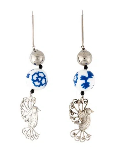 Pre-owned Carolina Herrera Resin Beaded Bird Chandelier Earrings In Silver