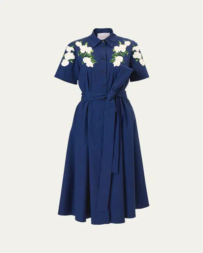 Carolina Herrera Floral Embroidered Midi Stretch Cotton Shirtdress In Blue