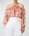 CAROLINA HERRERA ROSE HALTER RUFFLE LONG-SLEEVE SILK TOP