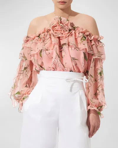 Carolina Herrera Rose Halter Ruffle Long-sleeve Silk Top In Pink