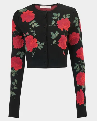 Carolina Herrera Rose Jacquard Crop Crewneck Cardigan In Black